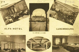 Eine alte Ansichtskarte des Alfa Hotels in Luxemburg, die eine Collage von Innenraumaufnahmen zeigt, darunter Tische, Stühle, Betten, Säulen, Fenster und andere Gegenstände, sowie Text mit Hotel-Informationen.