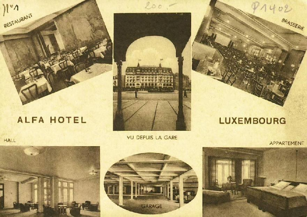 Eine alte Ansichtskarte des Alfa Hotels in Luxemburg, die eine Collage von Innenraumaufnahmen zeigt, darunter Tische, Stühle, Betten, Säulen, Fenster und andere Gegenstände, sowie Text mit Hotel-Informationen.