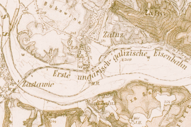 Old detailed map of Eisenbahn, Germany, showing streets, buildings, and landmarks with text annotations.