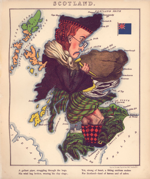 Old map of Scotland with a man in a traditional kilt and outfit playing bagpipes, printed on paper with text and a flag.