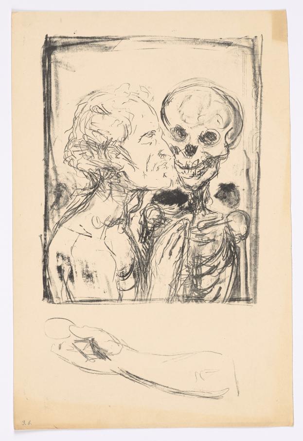 Eine Zeichnung eines Mannes und einer Frau, die sich umarmen und küssen, mit einem Schädel im Hintergrund.