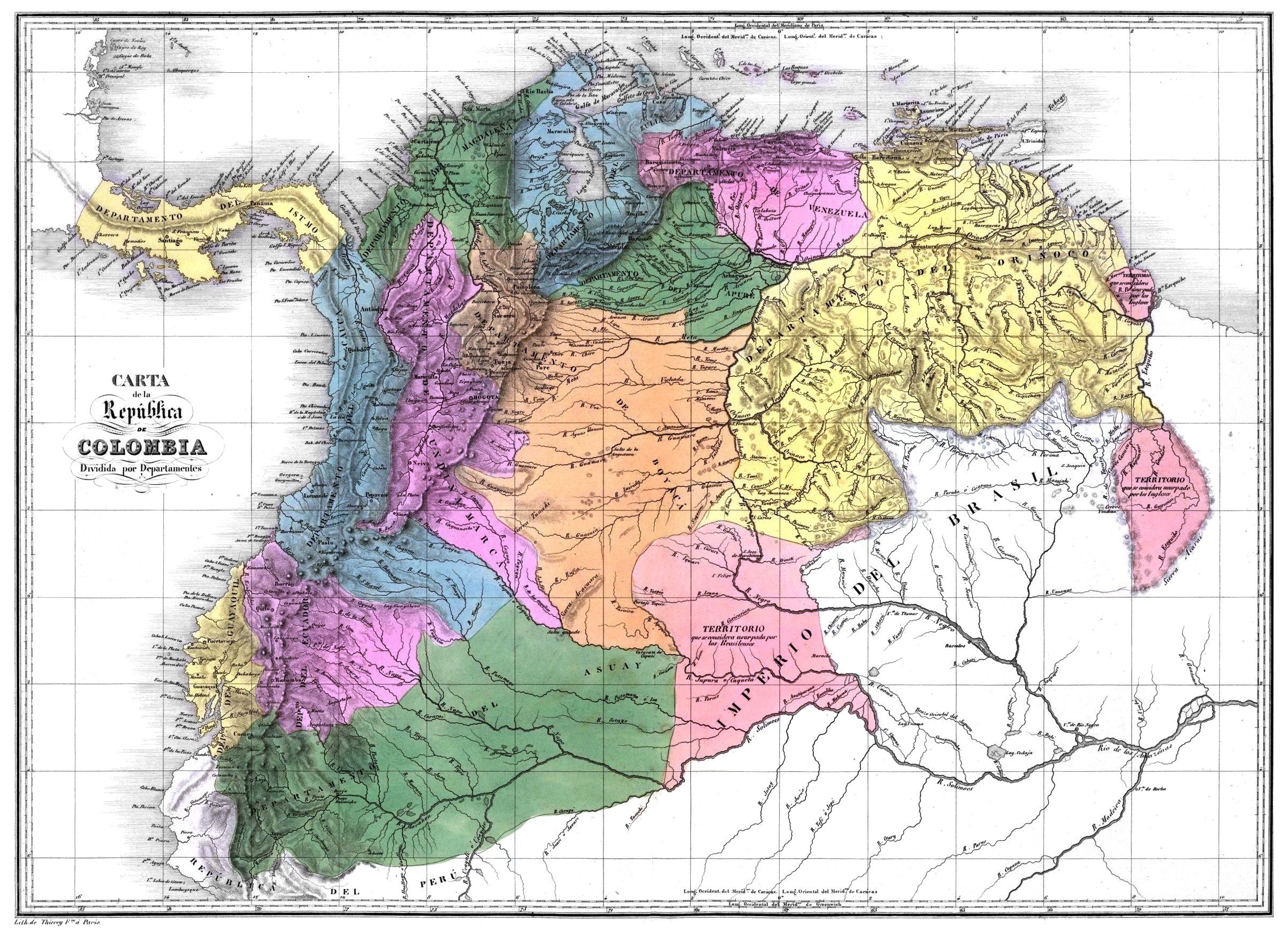 Ein Plakat, das eine Karte von Kolumbien zeigt, dessen Provinzen in verschiedenen Farben hervorgehoben sind und der Text "Karte von Kolumbien" darunter steht.