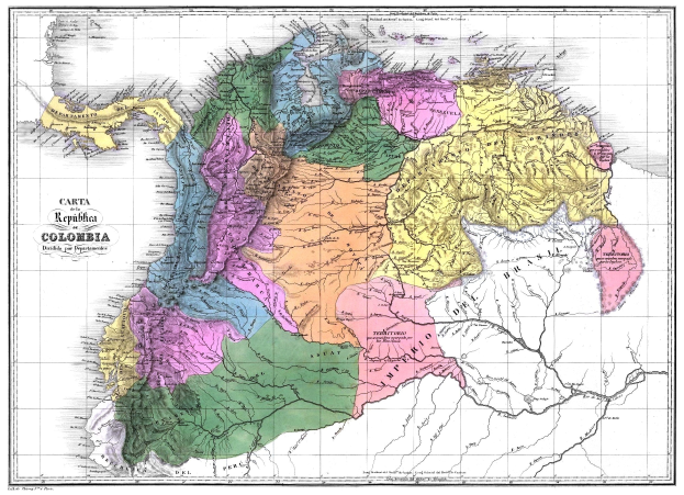 Ein Plakat, das eine Karte von Kolumbien zeigt, dessen Provinzen in verschiedenen Farben hervorgehoben sind und der Text "Karte von Kolumbien" darunter steht.