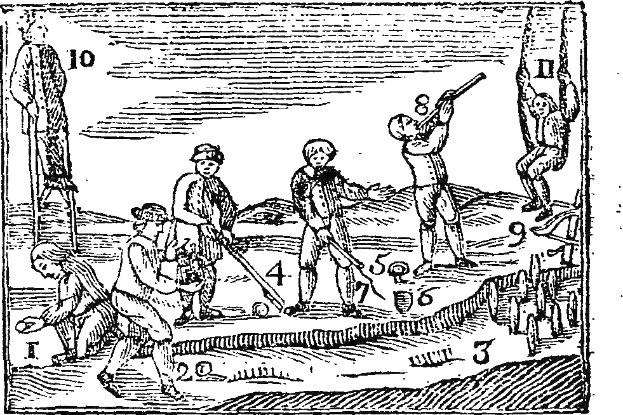 Black and white drawing of people playing golf, with one holding a golf club and another holding a ball, accompanied by numbers and text.