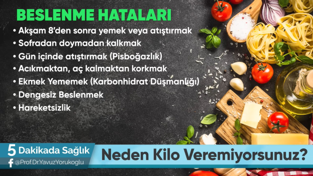 Poster titled "beslenme hatalari - neden kilo veremiyorsunuz?" displaying various food items including tomatoes, onions, garlic, leaves, a wooden board, a bottle, and a cloth.