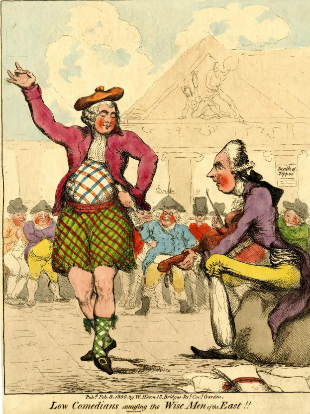 Cartoon of a man in a kilt and a woman in a dress performing for a crowd in front of a building, with text at the bottom reading "Low Comedians Amusing the Wise Men of the East".