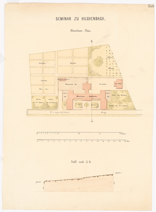 Black and white architectural site plan labeled "Seminar zu Hilchenbach" with text and a detailed building layout drawing.
