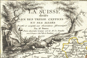 Ein Plakat, das eine Karte der Schweizer Landschaft mit Bäumen, Tieren und Gegenständen zeigt und von Text begleitet wird.