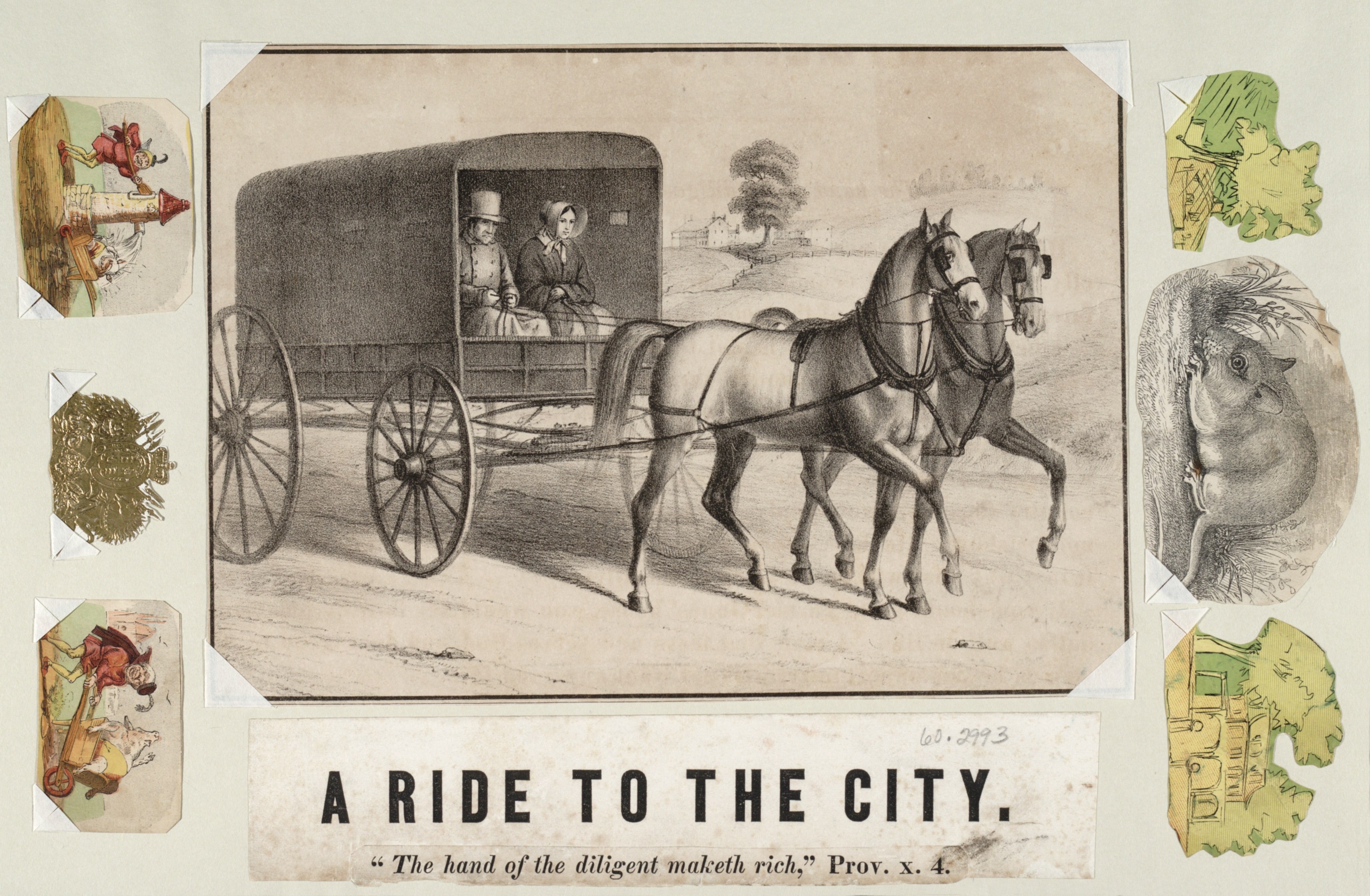 Pferdewagen mit zwei Personen auf einem baumbewachsenen Weg mit dem Text "eine Fahrt in die Stadt" unten.