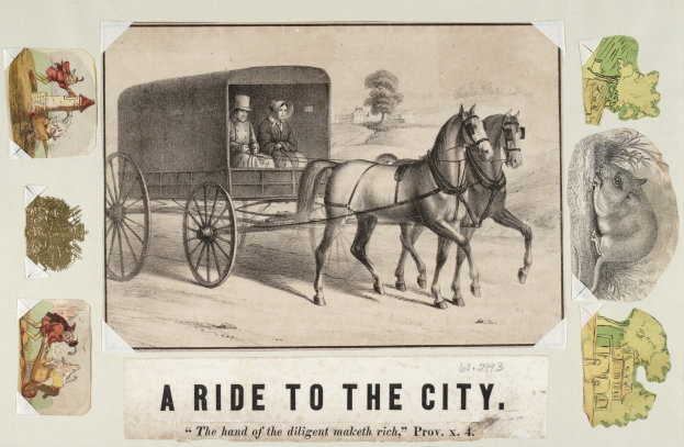 Pferdewagen mit zwei Personen auf einem baumbewachsenen Weg mit dem Text "eine Fahrt in die Stadt" unten.