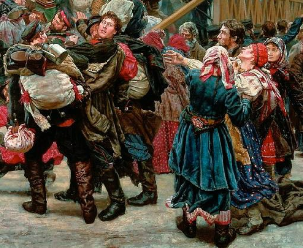 Gemälde, das eine lebendige Szene von Menschen zeigt, die in traditioneller russischer Kleidung während der russischen Revolution tanzen und einige Gegenstände halten, vor einer Menge und einem hölzernen Haus im Hintergrund.