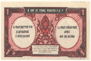 Ein altes französisches Banknotenbild mit einem ernst aussehenden Mann im Anzug, der Text "A qui le crime profite-il?" und ein weißer Hintergrund mit einem schwarzen Rand.
