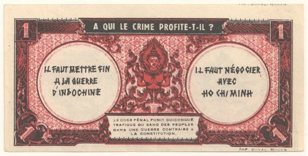 Ein altes französisches Banknotenbild mit einem ernst aussehenden Mann im Anzug, der Text "A qui le crime profite-il?" und ein weißer Hintergrund mit einem schwarzen Rand.