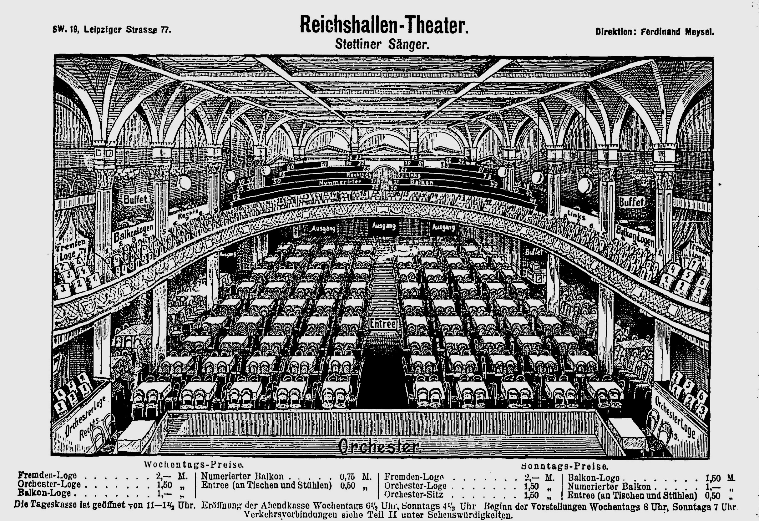 Black and white drawing of the Reichshallen Theater in Berlin, Germany, showing the auditorium with rows of chairs, pillars, and a ceiling, with text at the bottom.