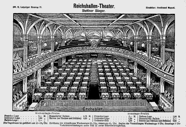 Black and white drawing of the Reichshallen Theater in Berlin, Germany, showing the auditorium with rows of chairs, pillars, and a ceiling, with text at the bottom.
