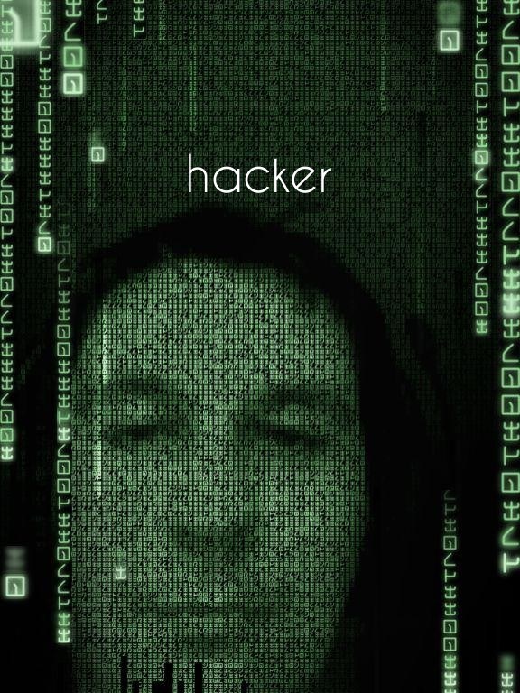 A hacker's face displayed on a computer screen surrounded by binary code and the word "hacker."