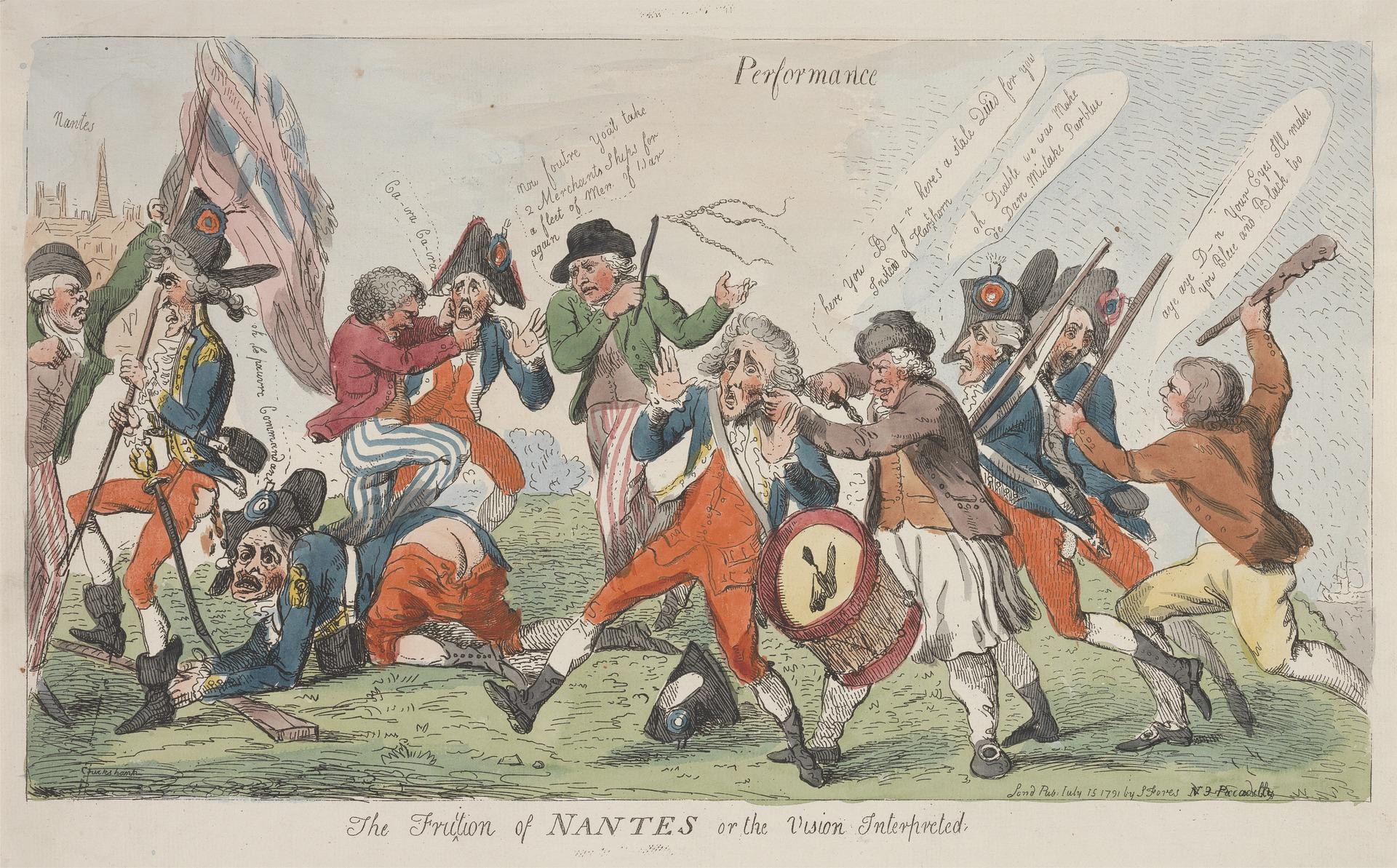 Cartoon-Illustration auf Papier, die Männer in Militäruniformen zeigt, einige halten Waffen und einer hält eine Trommel, mit der Aufschrift "Die Frustration von Nantes oder die Vision Interprecedent".