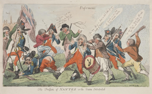 Cartoon-Illustration auf Papier, die Männer in Militäruniformen zeigt, einige halten Waffen und einer hält eine Trommel, mit der Aufschrift "Die Frustration von Nantes oder die Vision Interprecedent".