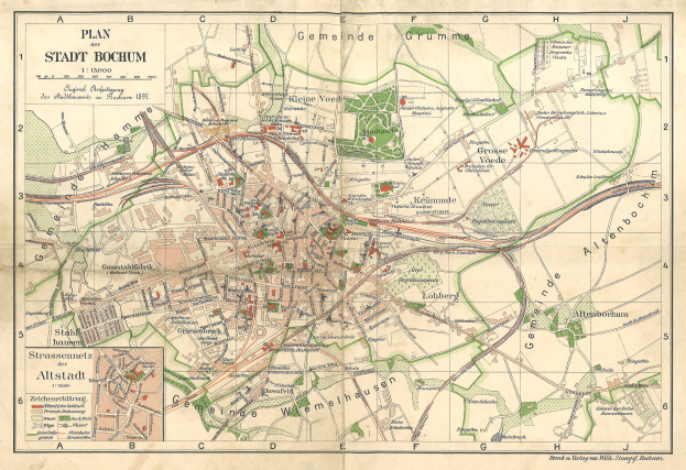 Ausführliche alte Karte der Stadt Bochum, Deutschland, zeigt Straßen, Gebäude und Sehenswürdigkeiten mit Text- und numerischen Anmerkungen.