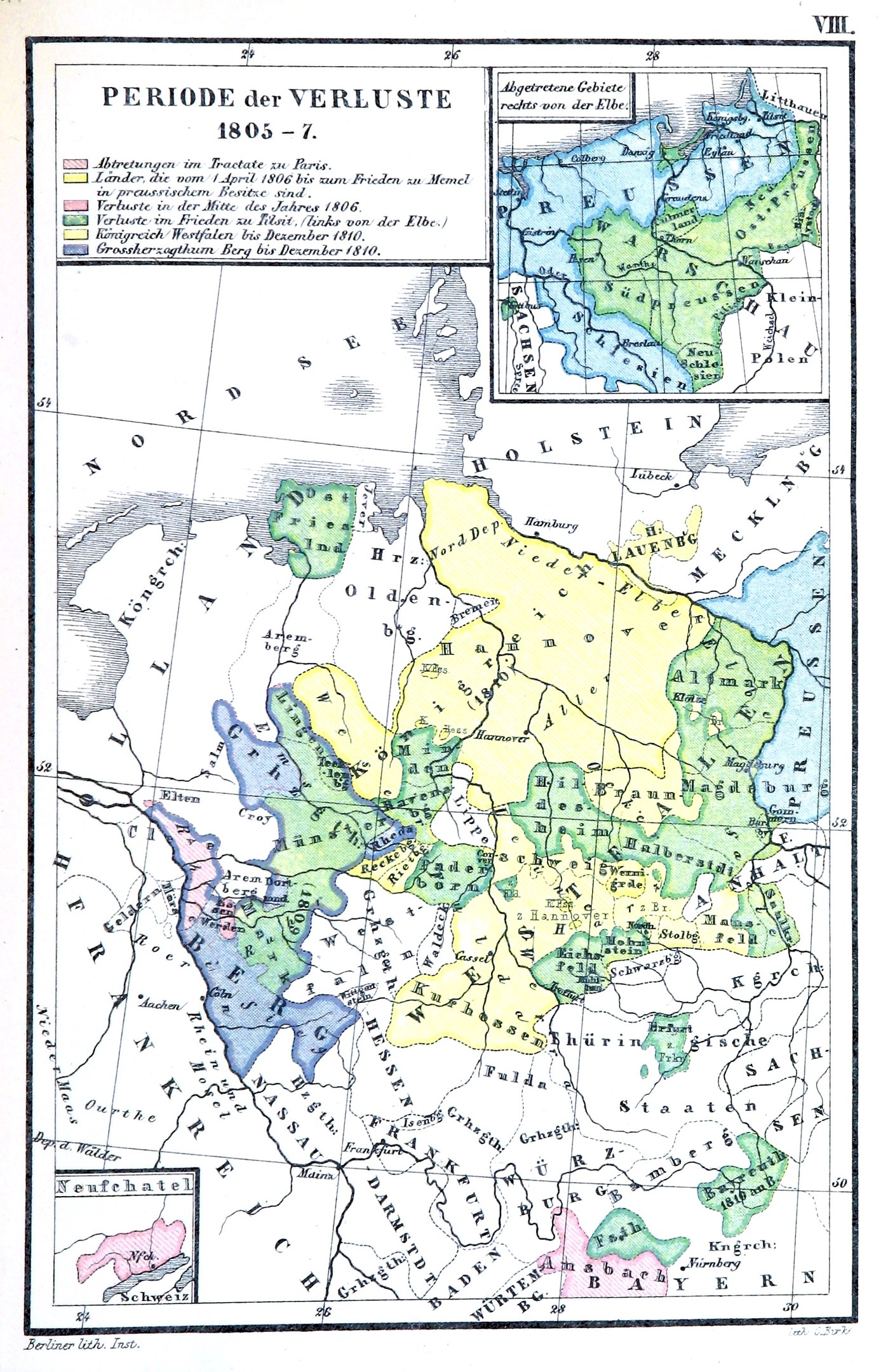 A poster of a map of Germany during the Verluste period, with regions distinguished by color and labeled with geographical names.
