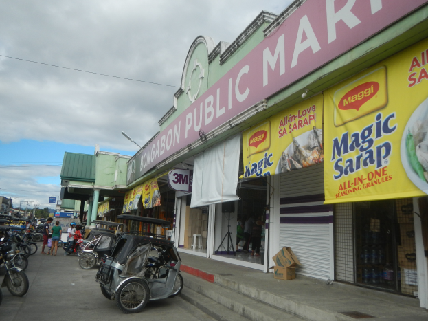 Eine belebte Stadtstraße mit parkenden Fahrzeugen, Fußgängern auf dem Gehweg, Gebäuden mit Schildern, Strommasten, Bäumen und einem bewölkten Himmel, mit einem Laden namens "Bongabon Public Market" im Vordergrund.