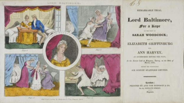 Illustration eines historischen Prozessdokuments mit Porträts, Vorhängen und Text, das ein juristisches Verfahren zeigt, an dem Lord Baltimore und die angebliche Vergewaltigung von Sarah Woodcock und Elizabeth Griffinburg beteiligt sind.
