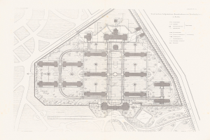 Black and white architectural site plan of the Allgemeine Kreuzhaus in Berlin with labeled rooms and handwritten text annotations.
