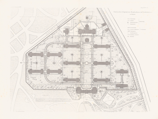 Black and white architectural site plan of the Allgemeine Kreuzhaus in Berlin with labeled rooms and handwritten text annotations.