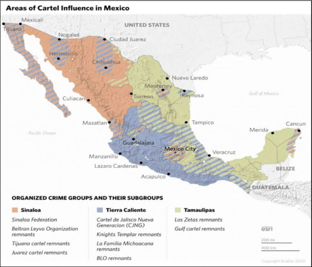Ein Plakat mit einer farbcodierten Karte Mexikos, die die Einflussgebiete der Kartelle veranschaulicht, begleitet von erklärendem Text.