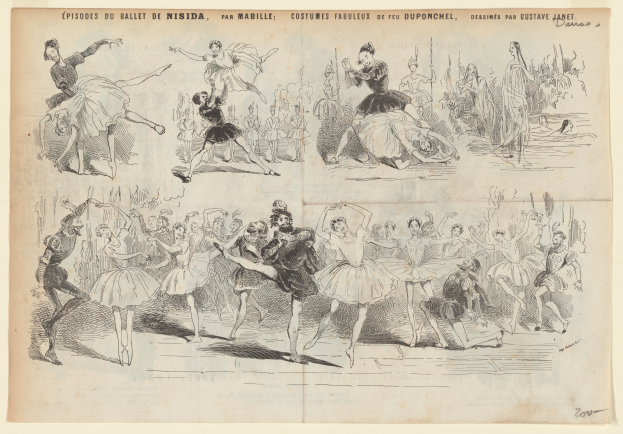 A book page featuring a lively drawing of people dancing in sync, accompanied by text describing the event's date, time, and location.