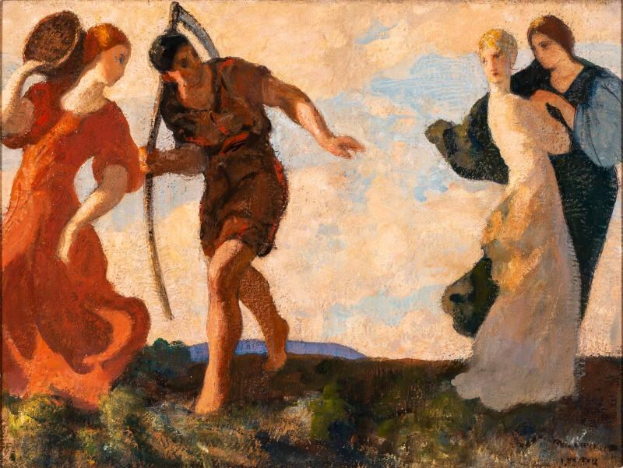 Gemälde mit dem Titel 'Der Tanz des verlorenen Sohnes' von Jean-Baptiste-Camille Corot, 1884, das einen Mann und zwei Frauen zeigt, die auf einer grasbewachsenen Wiese unter einem bewölkten Himmel tanzen, wobei der Mann einen Stock hält.