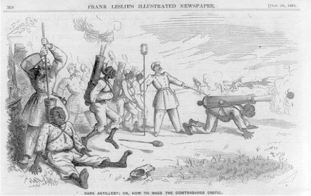 Ein Schwarz-Weiß-Cartoon von Männern in einem Feld, einige halten Gewehre und andere liegen am Boden, mit dem Text "Dunkle Artillerie oder Wie man die Schmuggler nützlich macht" oben und unten.