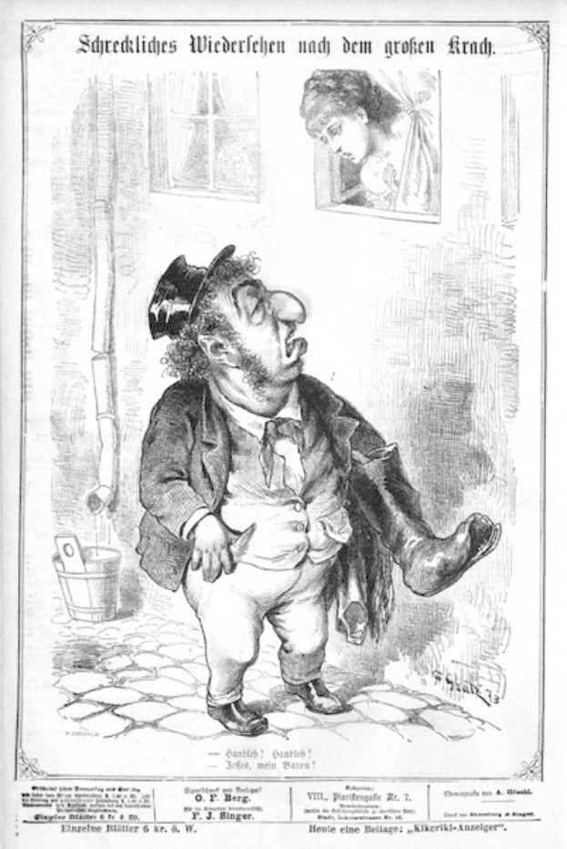 Cartoon-Illustration eines Mannes mit Zylinder und einer Frau in einem Kleid mit einer Wand, einem Fenster, einem Eimer und anderen Gegenständen im Hintergrund, mit Text unten, der "F. J. Singer, der erste deutsche Politiker, der in den Kongress gewählt wurde" lautet.