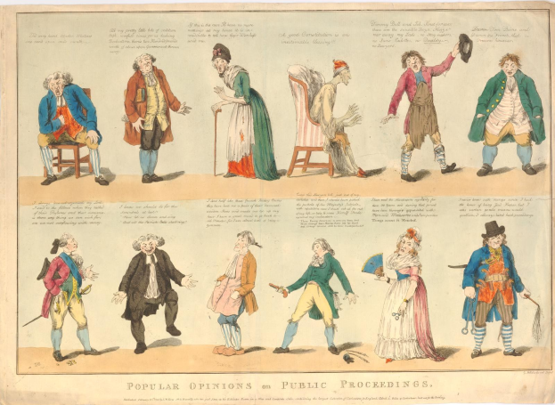 Papier mit Abbildungen von Personen und handgeschriebenem Text, der öffentliche Meinungen zu rechtlichen Verfahren zusammenfasst.