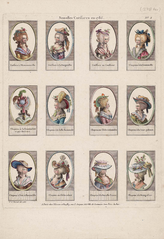A book page titled "Nouvelles Coiffures en 1785" featuring illustrations of women wearing various hats and hairstyles.
