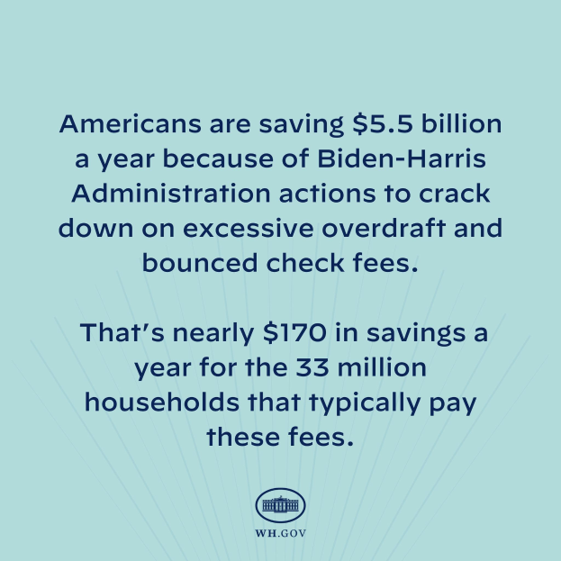 Poster with text and logo stating Americans save $5.5 billion yearly due to Biden-Harris Administration actions reducing overdraft and bounced check fees.