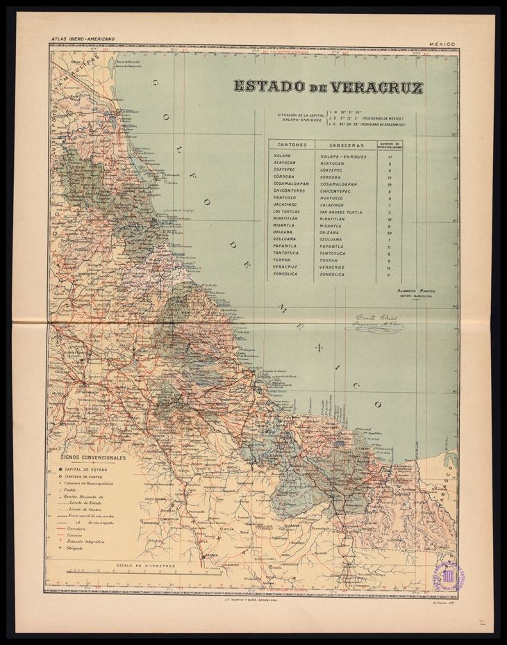Alte schwarze Kartenskizze von Veracruz, Mexiko, die Flüsse, Berge und Städte zeigt.