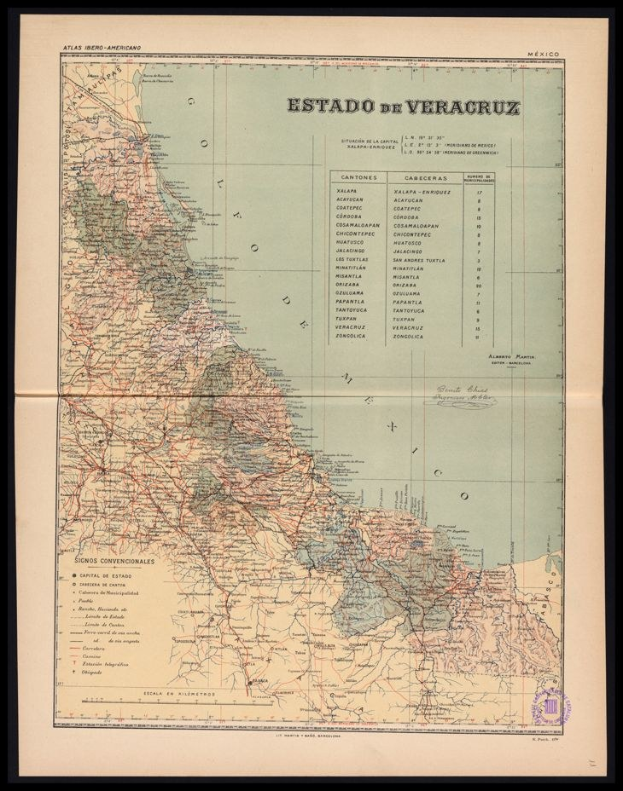 Alte schwarze Kartenskizze von Veracruz, Mexiko, die Flüsse, Berge und Städte zeigt.