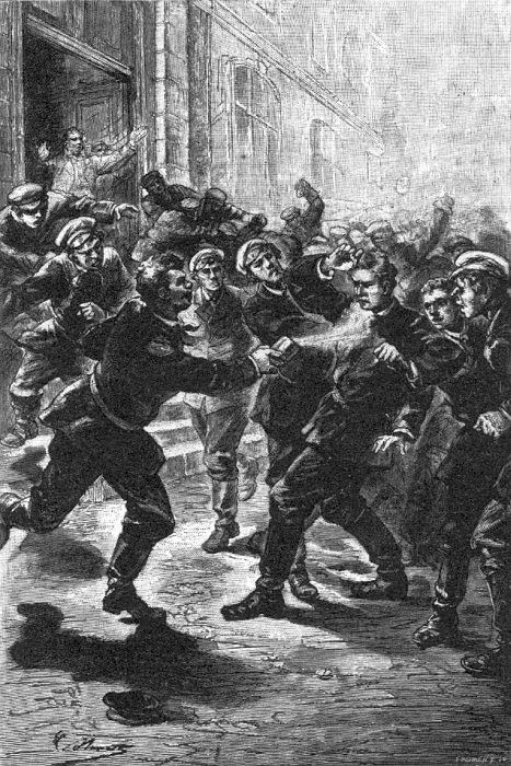 Schwarz-weiß-Illustration einer gewalttätigen Straßenkrawall unter einer Gruppe von Männern, mit einem Gebäude im Hintergrund und der Beschriftung "Victorian riots in London, England" unten.