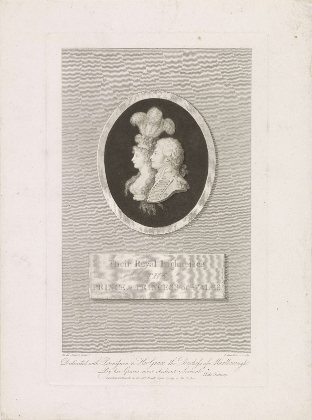 Schwarzes und weißes Bild eines Papiers mit einem Foto des Prinzen und der Prinzessin von Wales neben gedrucktem Text.