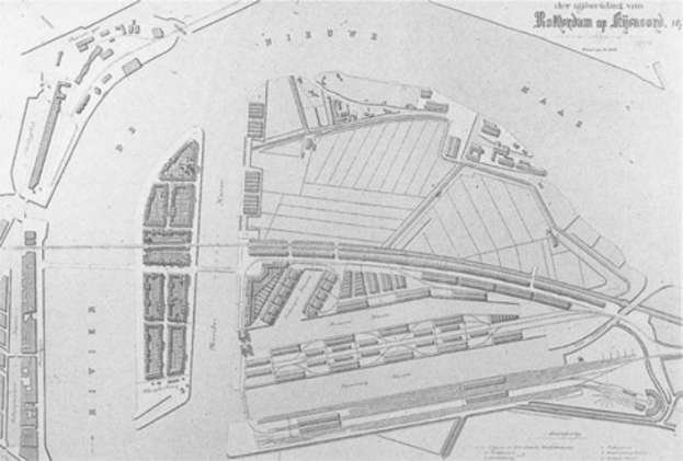Schwarz-weißer Architekturplan einer Stadt mit zahlreichen Gebäuden, der als der Standort des Royal Hospital in London gilt, mit handschriftlichen Textanmerkungen.
