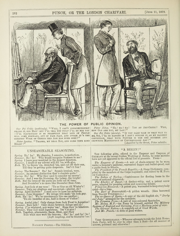 Ein altes Buch mit einer Zeichnung eines Mannes in einem Anzug, der in einem Stuhl sitzt und eine Frau neben ihm steht, mit der Überschrift "Die Macht der öffentlichen Meinung."