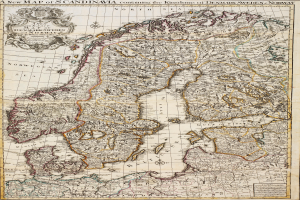 Ein altes Kartenblatt von Skandinavien mit Dänemark und Norwegen deutlich zu erkennen, mit Text oben und unten.