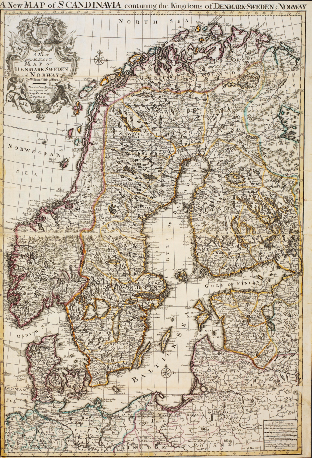 Ein altes Kartenblatt von Skandinavien mit Dänemark und Norwegen deutlich zu erkennen, mit Text oben und unten.