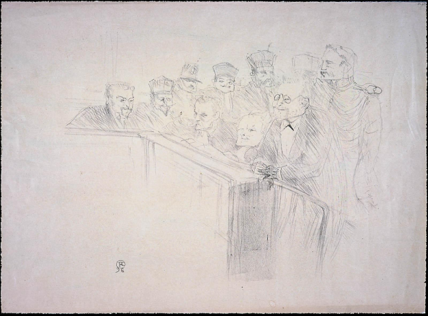 Schwarz-weiß-Zeichnung eines Gerichtssaals mit einer Gruppe von Menschen, die an einem unordentlichen Tisch sitzen, einige mit ernsten oder besorgten Gesichtern, eingerahmt von einem schwarzen Rand.