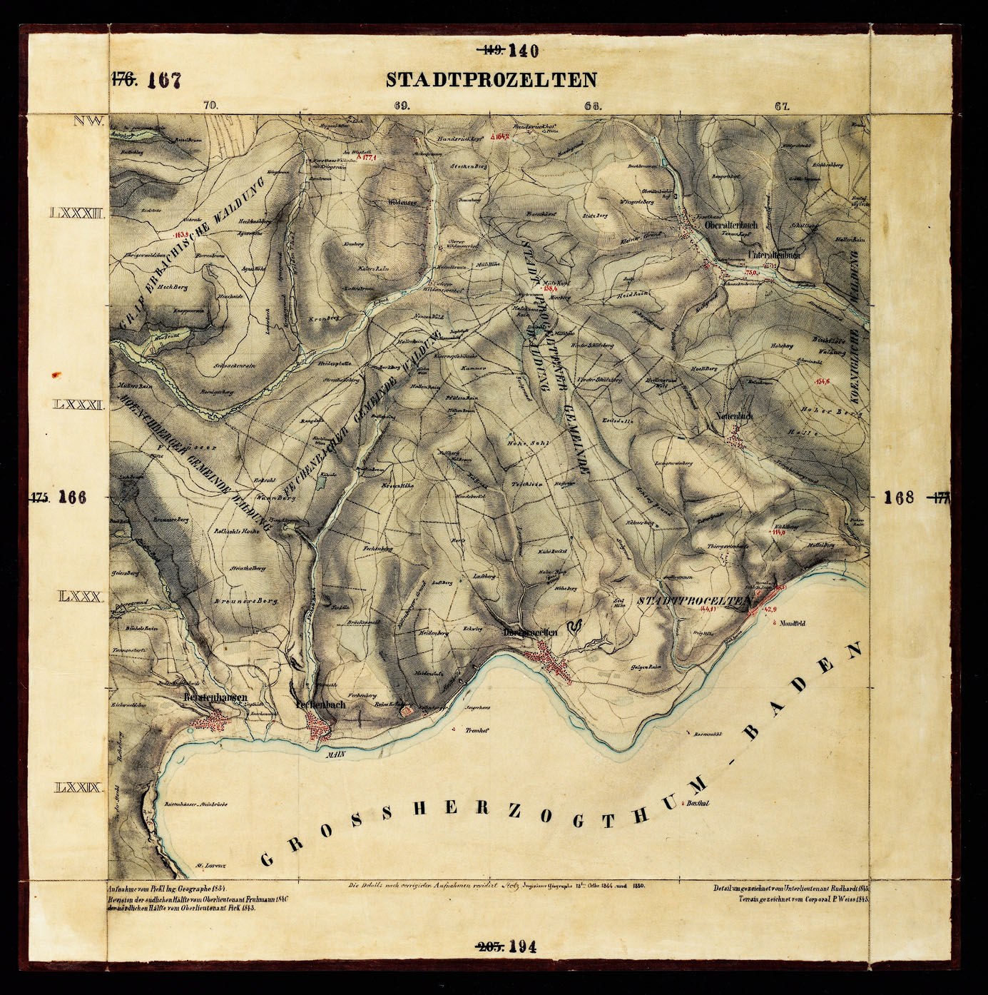 Black-and-white topographic map of Stadtprozelten with a black border, showing mountains, rivers, and other geographical features in a classic font.