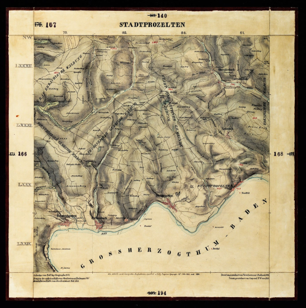 Black-and-white topographic map of Stadtprozelten with a black border, showing mountains, rivers, and other geographical features in a classic font.
