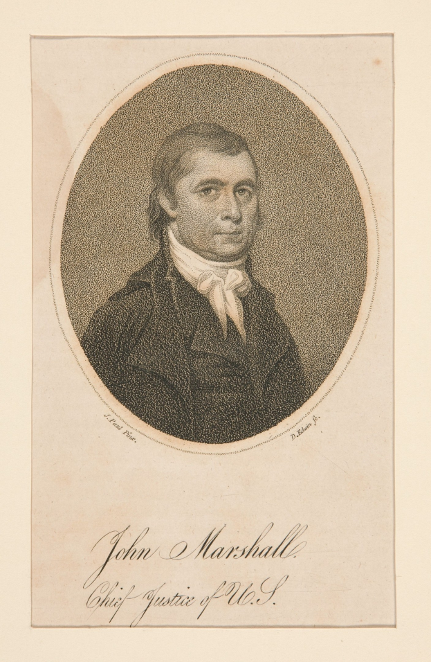 Porträt von John Marshall, Chief Justice of the United States, mit einem menschlichen Gesicht in der Mitte des Papiers und Text unten.