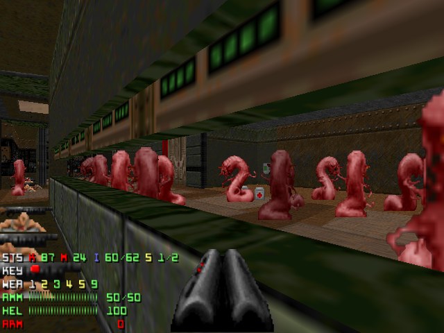 Animierter Screenshot aus *Doom II* mit mehreren Zombies in einem Raum, einer Waffe unten und Statusinformationen links.
