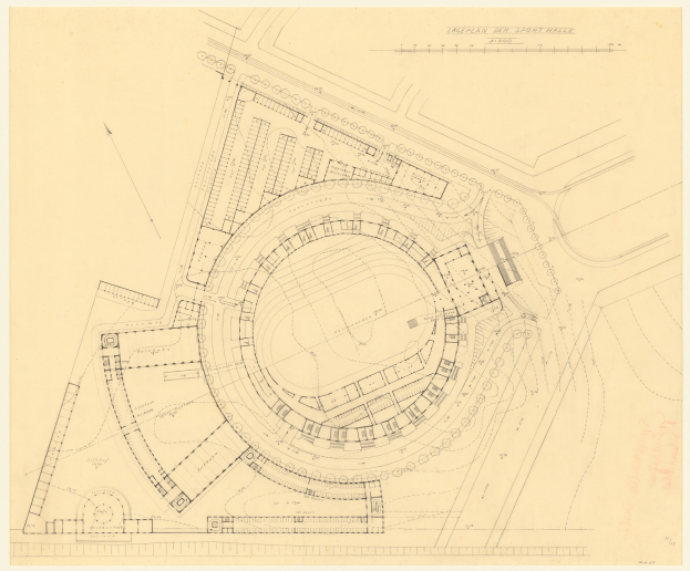 Schwarz-weißer architectural plan eines Stadions mit umliegenden Gebäuden, beschriftet als der vorgeschlagene Standort für eine neue Sporthalle in London, mit handschriftlichen Textanmerkungen.